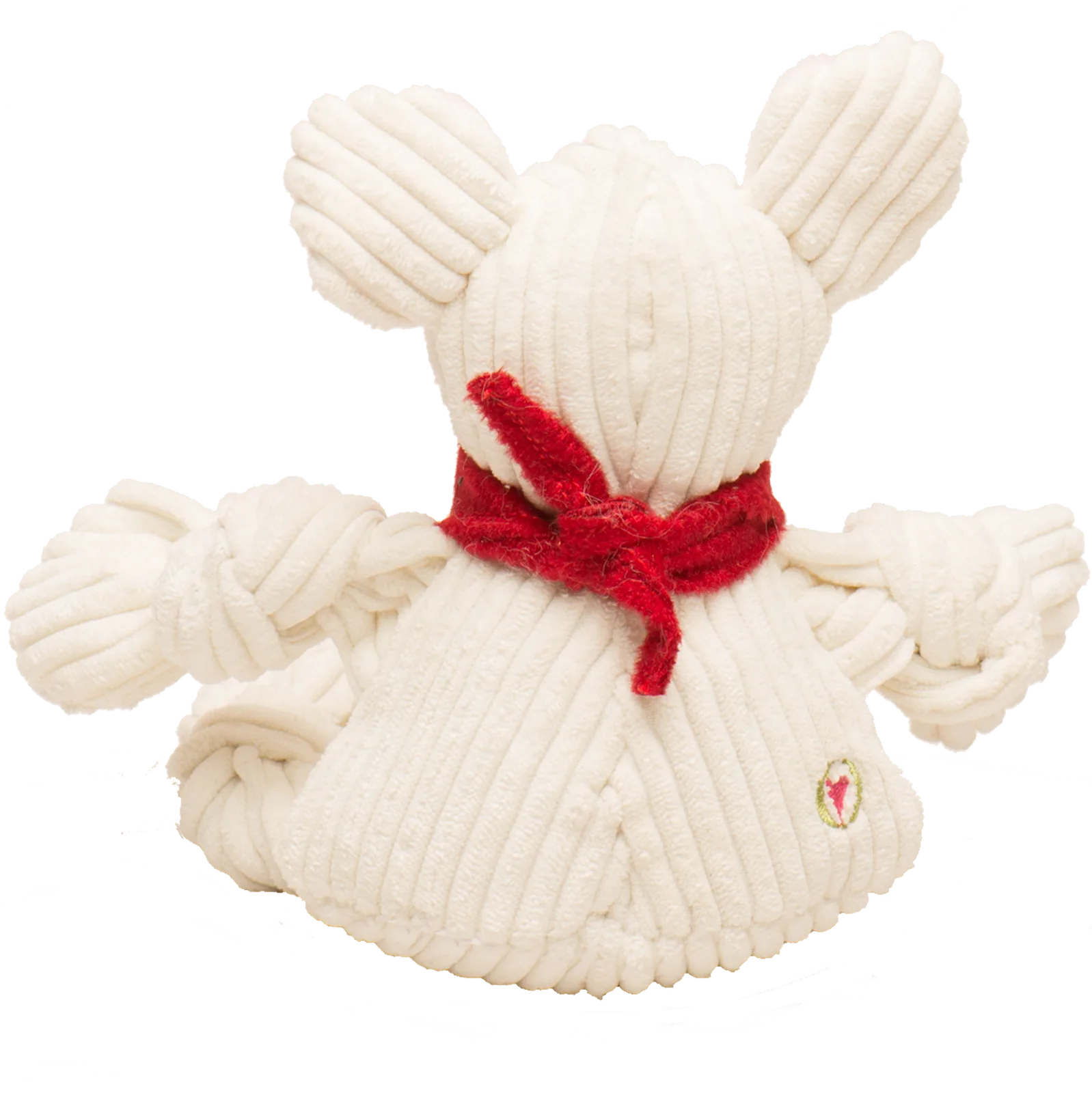 Plush, knotted dog toy in cream with a red scarf, designed for durability and playful engagement.