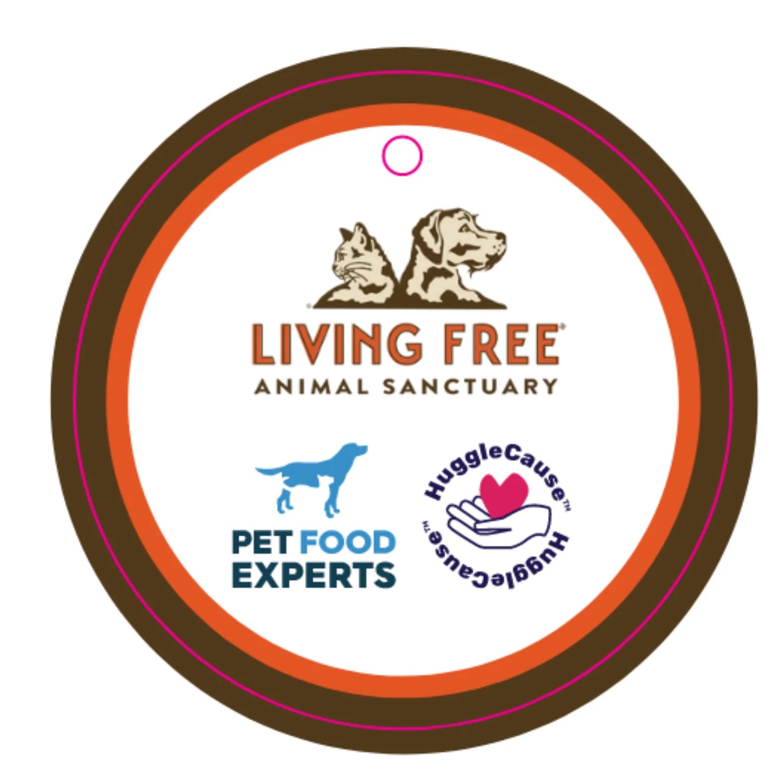 Round tag featuring "Living Free Animal Sanctuary" and HuggleCause™ logos, colored in brown, orange, and blue.