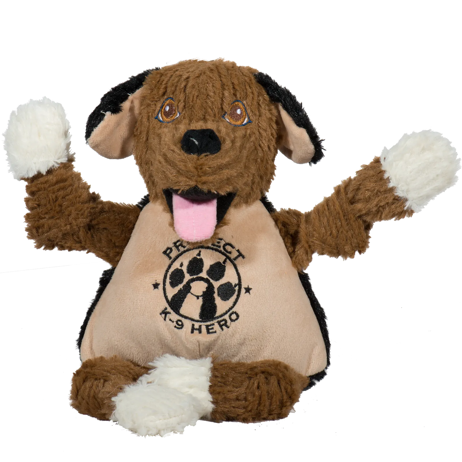 Large plush dog toy in brown and black, featuring knotted limbs, a smiling face, and "Project K-9 Hero" logo.