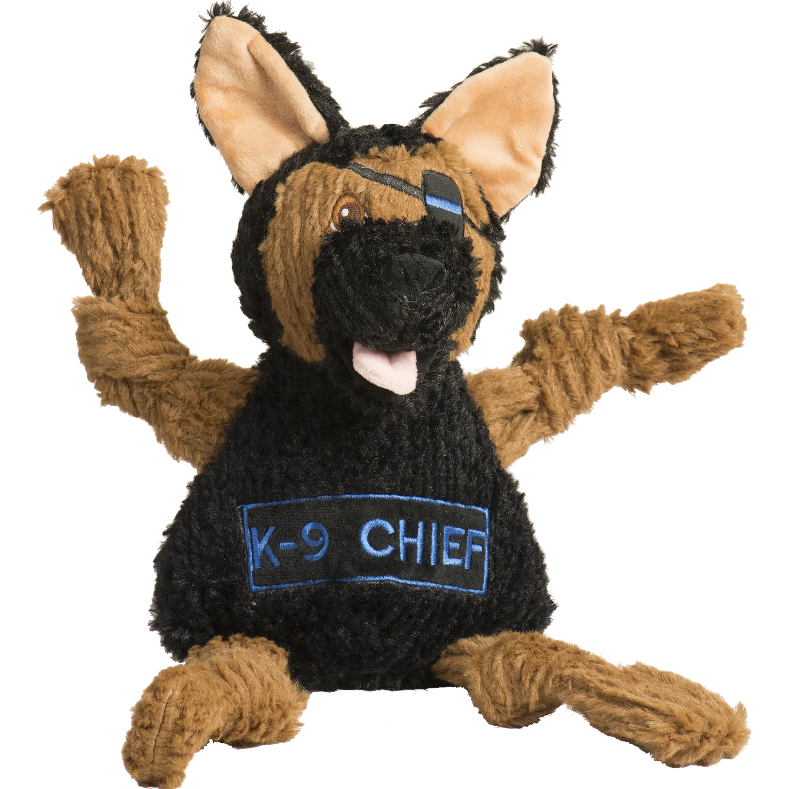 Durable K-9 Chief Knottie® plush dog toy with a black and brown design, featuring knotted limbs and a playful expression.
