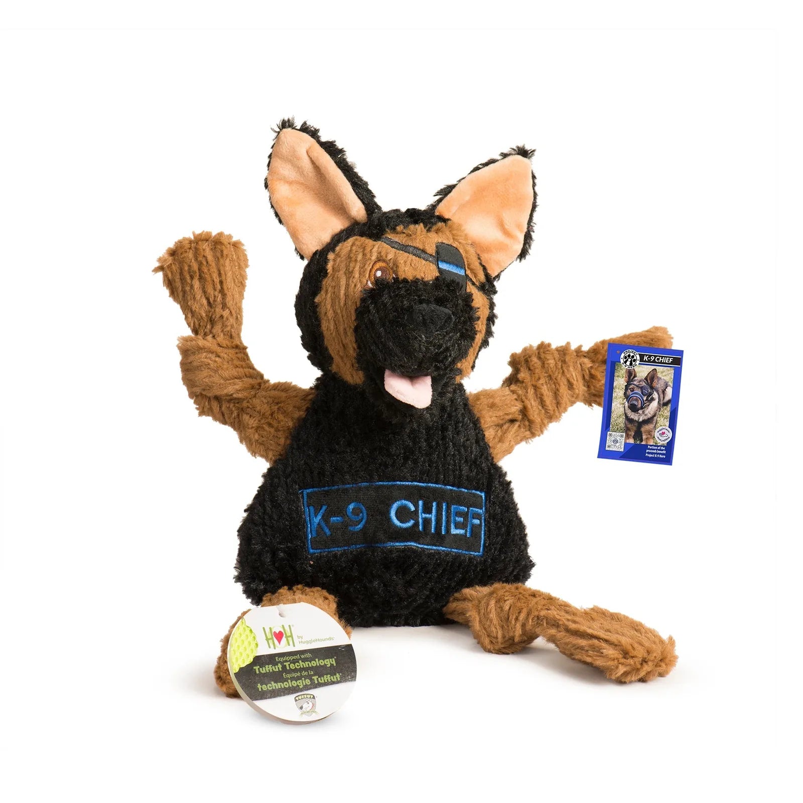K-9 Chief Knottie® plush dog toy features a tan and black design, with knotted limbs and a playful expression.