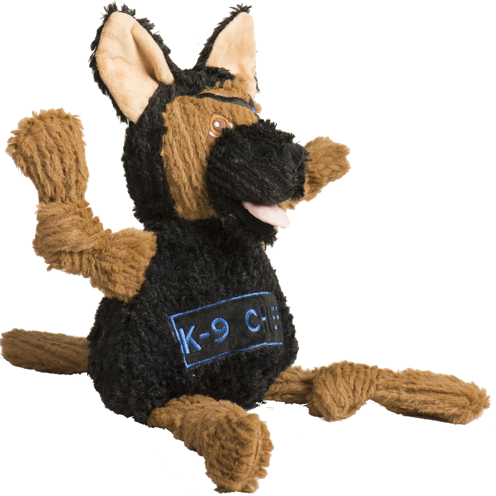 K-9 Chief Knottie® plush dog toy features a black and brown design, with knotted limbs and a friendly expression.
