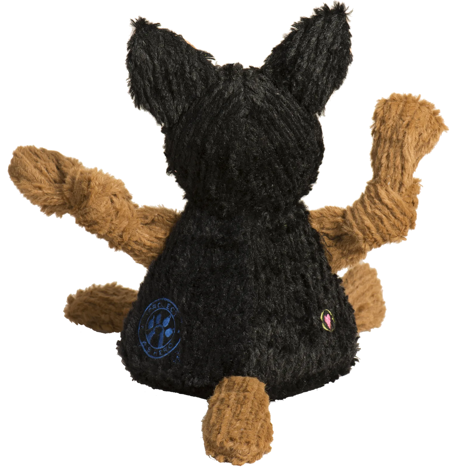 Black and tan plush dog toy with knotted limbs, featuring a K-9 Chief emblem, ideal for interactive play.