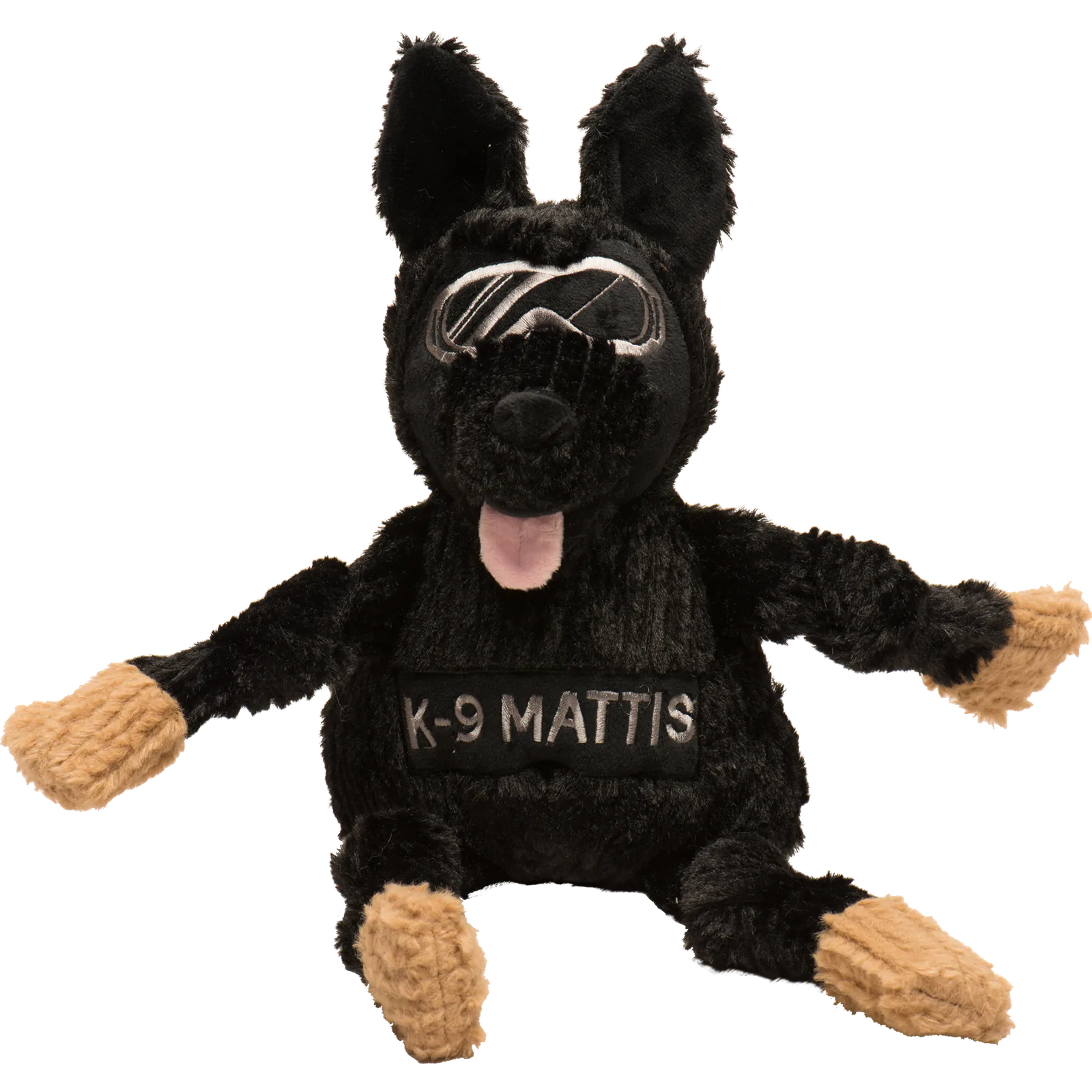 Large plush dog toy shaped like a black German Shepherd with knotted limbs, featuring "K-9 Mattis" on its body.