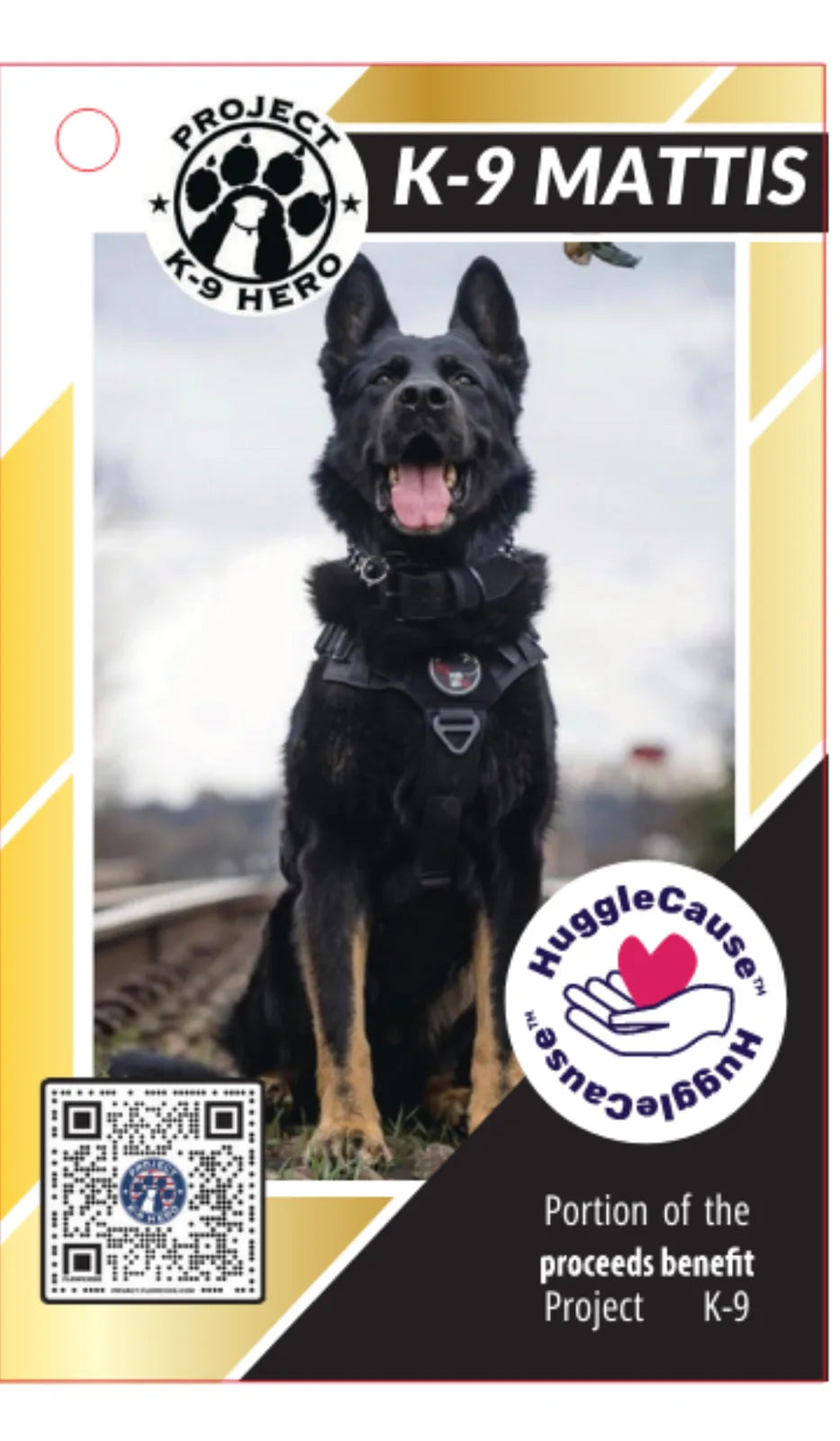 K-9 Mattis, a German Shepherd in a harness, smiles outdoors against a blurred background, supporting Project K-9 Hero.