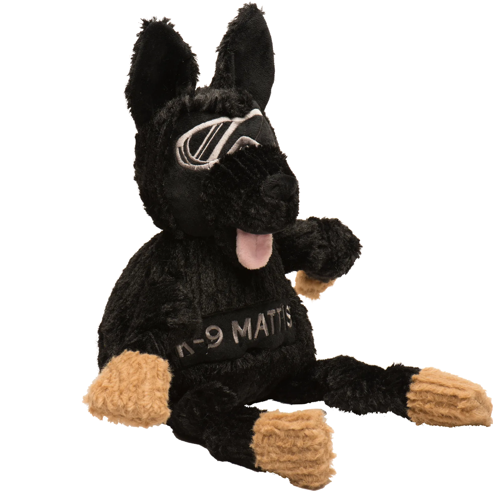 Black plush dog toy resembling a German Shepherd, wearing sunglasses with "K-9 MATTIS" on its body, featuring knotted limbs.