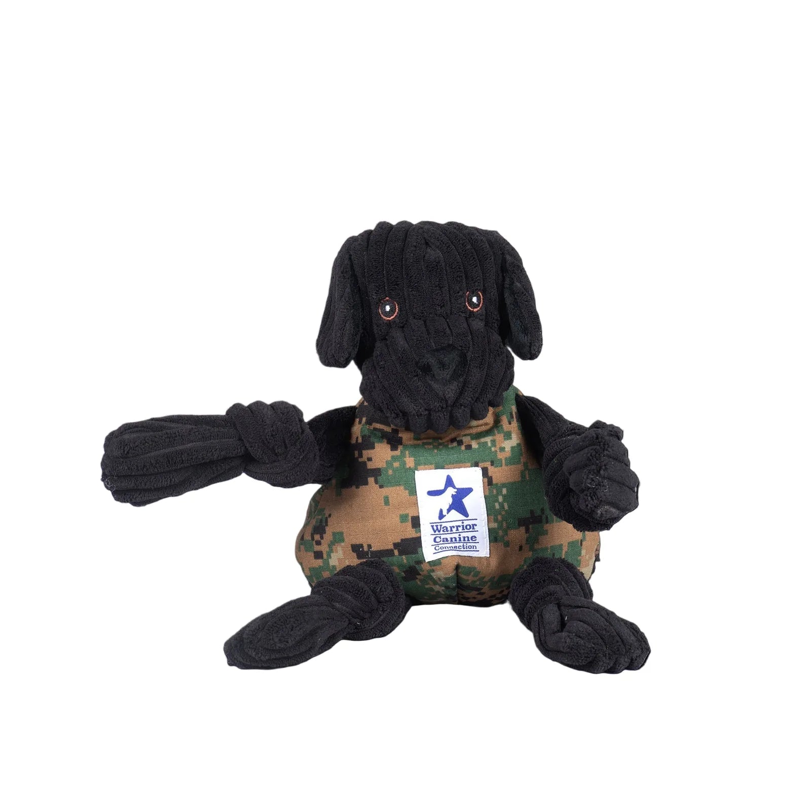 Large black plush dog toy resembling a Black Lab, wearing a camouflage outfit with knotted limbs and squeakers.