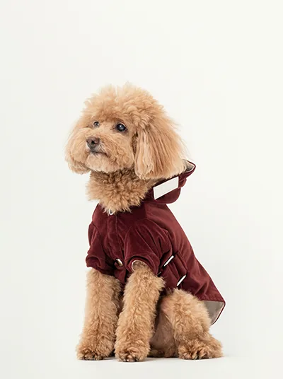 Cozy dark burgundy dog hoodie with flannel lining, adjustable neck, and waist for a comfortable fit.