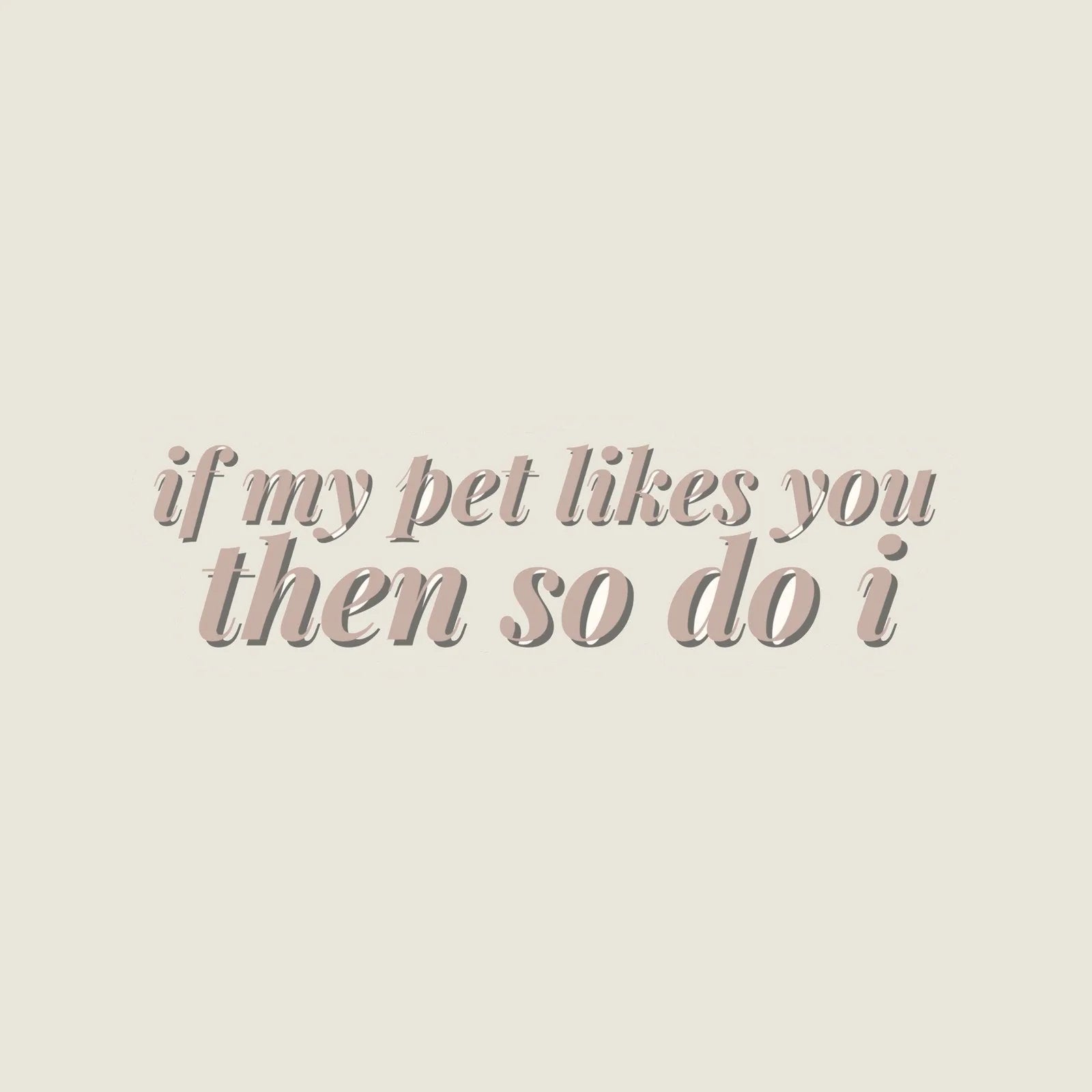 Stylish sticker featuring the text "if my pet likes you then so do i" in a soft, muted color palette.
