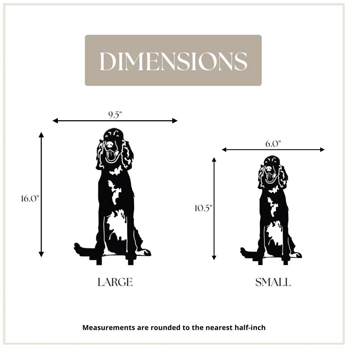 Black metal silhouette of an Irish Setter depicting height and width dimensions for large and small sizes.