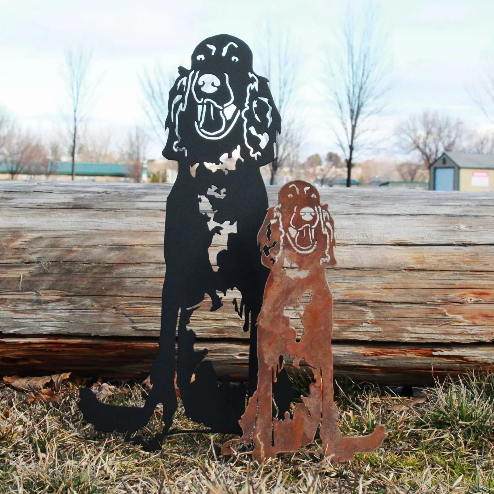 Irish Setter metal silhouettes in black and rust finish, showcasing detailed designs for outdoor decor.