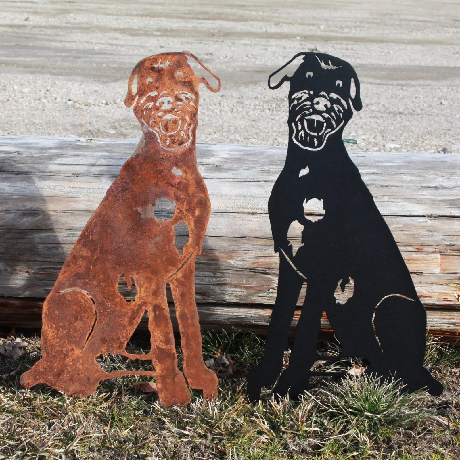 Rust-colored and black metal silhouettes of Irish Wolfhounds, showcasing detailed design for outdoor decor.