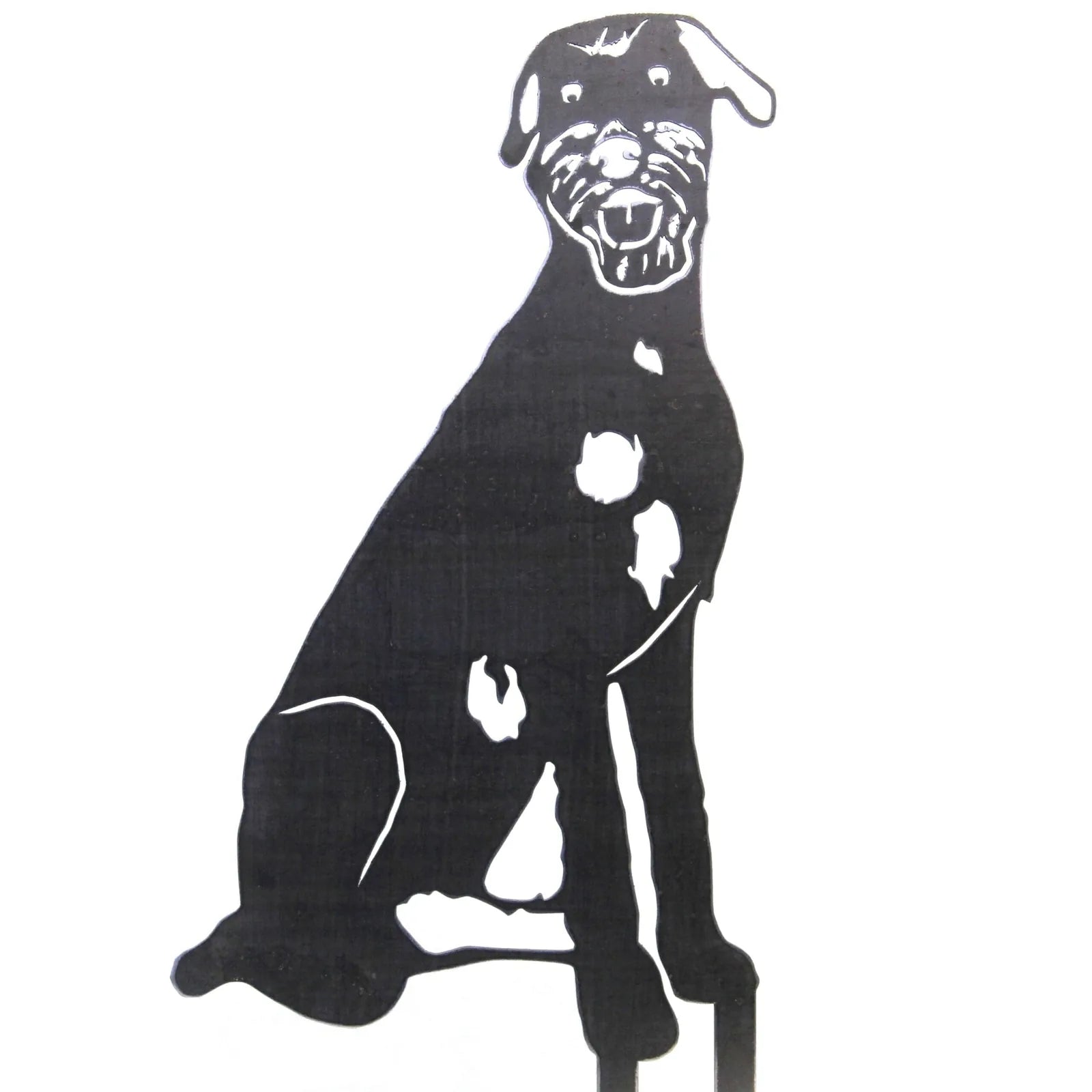 Black metal silhouette of an Irish Wolfhound sitting, showcasing its distinctive features and playful expression.