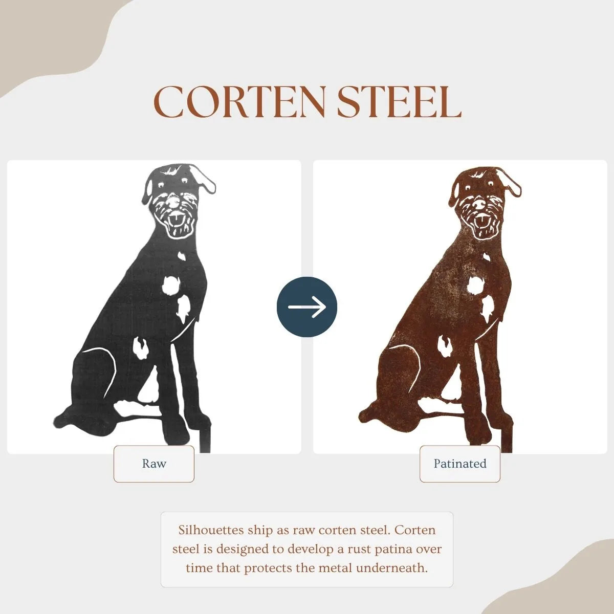 Irish Wolfhound metal silhouette showcasing raw Corten steel on the left and the patinated version on the right.