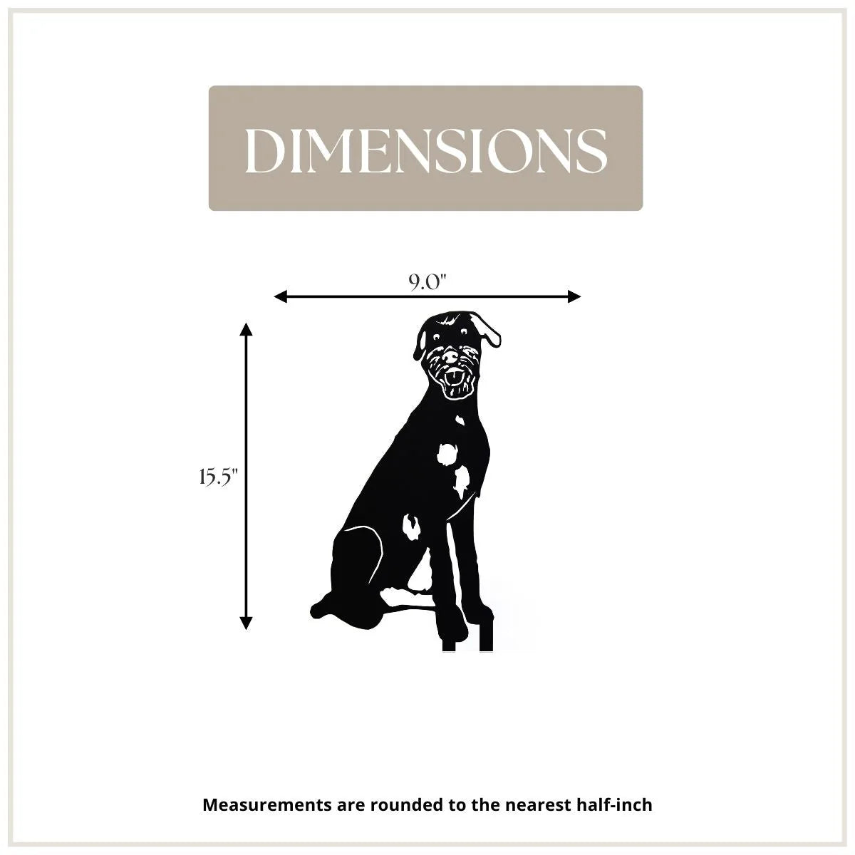 Black Irish Wolfhound metal silhouette measuring 15.5" x 9" with detailed features, perfect for outdoor decor.