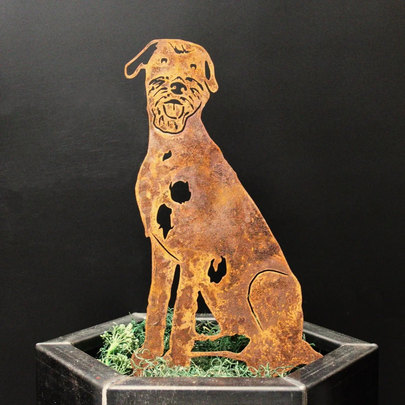 Rusty Irish Wolfhound metal silhouette displayed in a planter with green moss, highlighting outdoor decor craftsmanship.