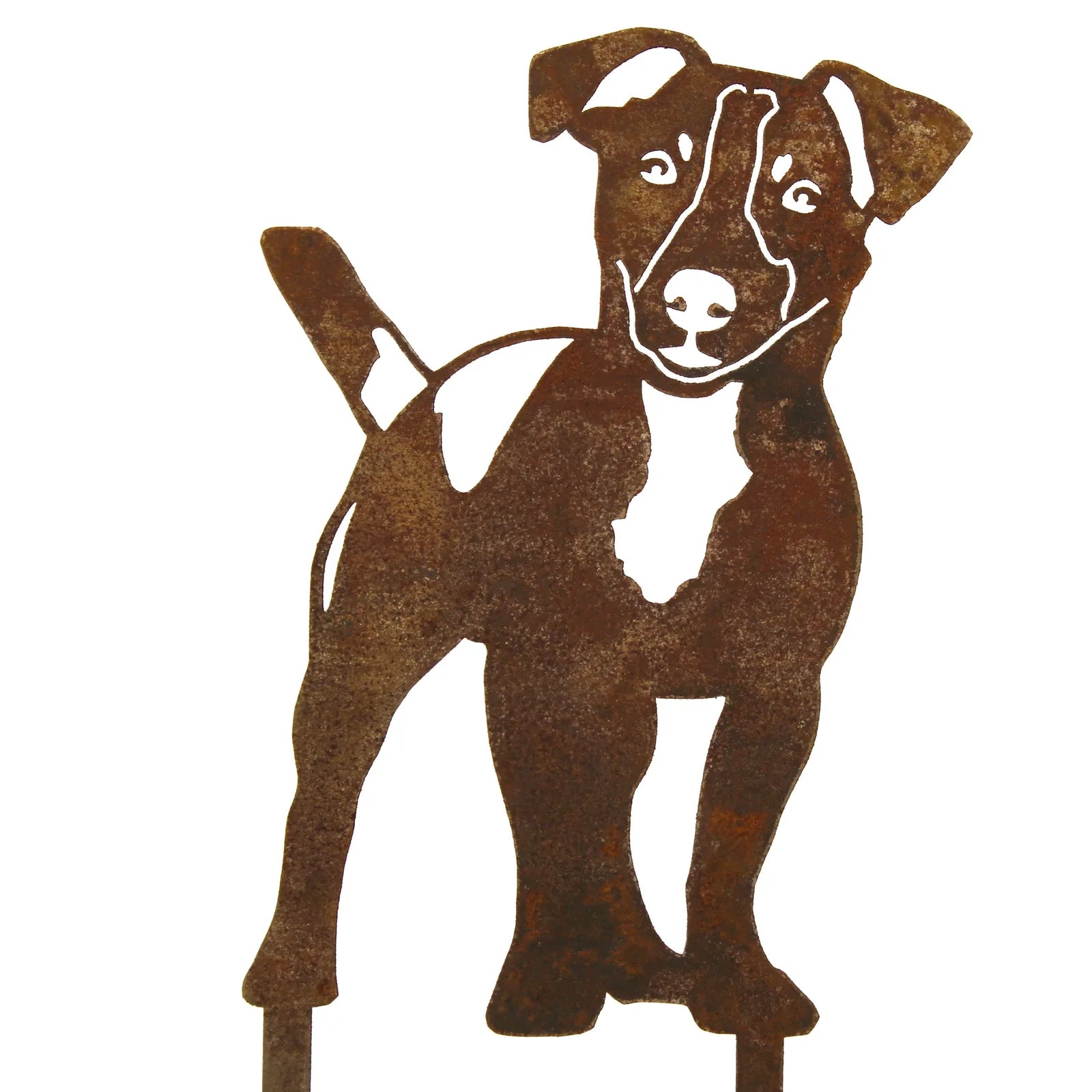 Rusty Corten steel Jack Russell Terrier silhouette wall art, featuring playful design and sturdy stakes for outdoor display.