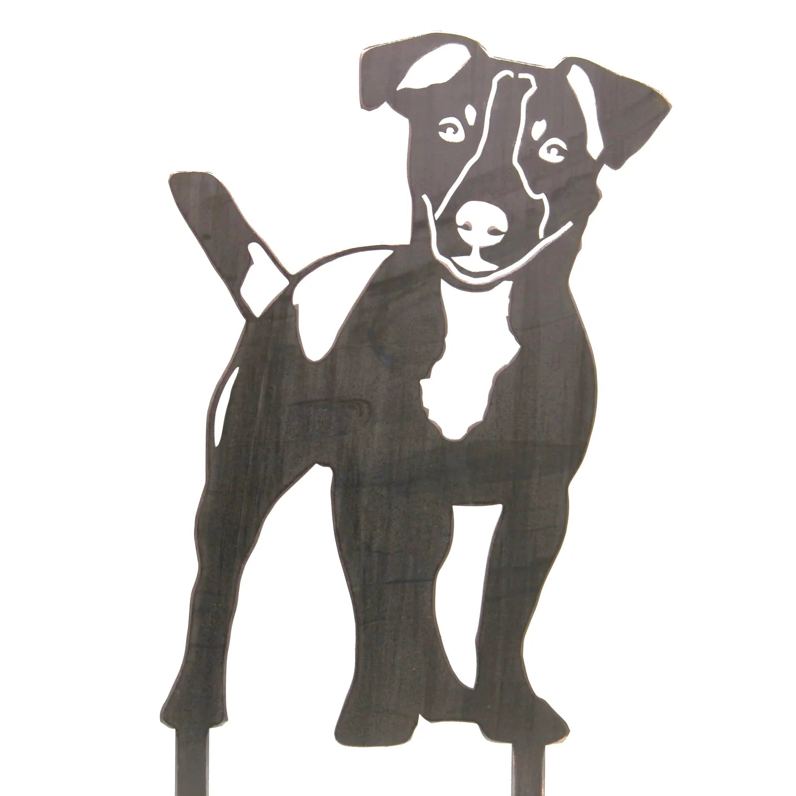 Black metal silhouette of a Jack Russell Terrier, featuring a playful stance and detailed design, perfect for outdoor decor.