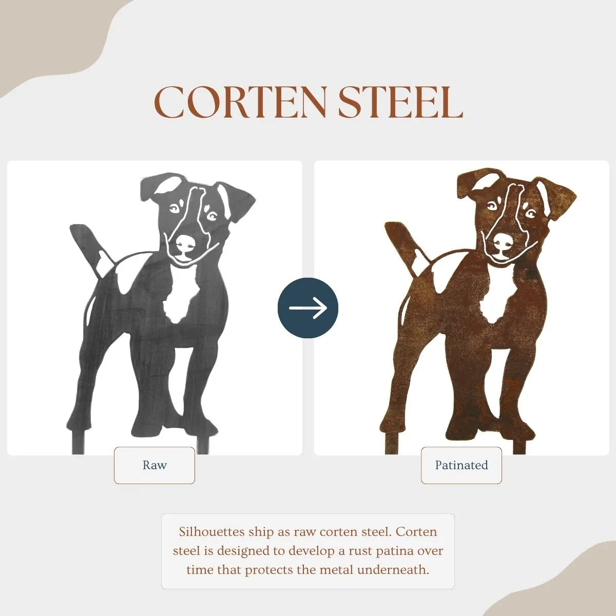 Jack Russell Terrier silhouette in raw and patinaed Corten steel, showcasing its metal texture and design transitions.