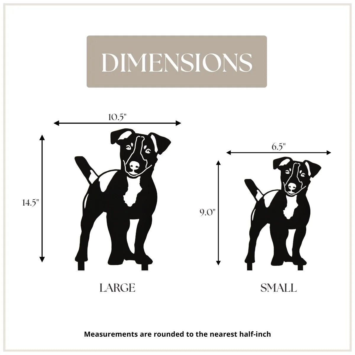 Black metal silhouettes of a Jack Russell Terrier in large and small sizes, showcasing dimensions for wall art display.