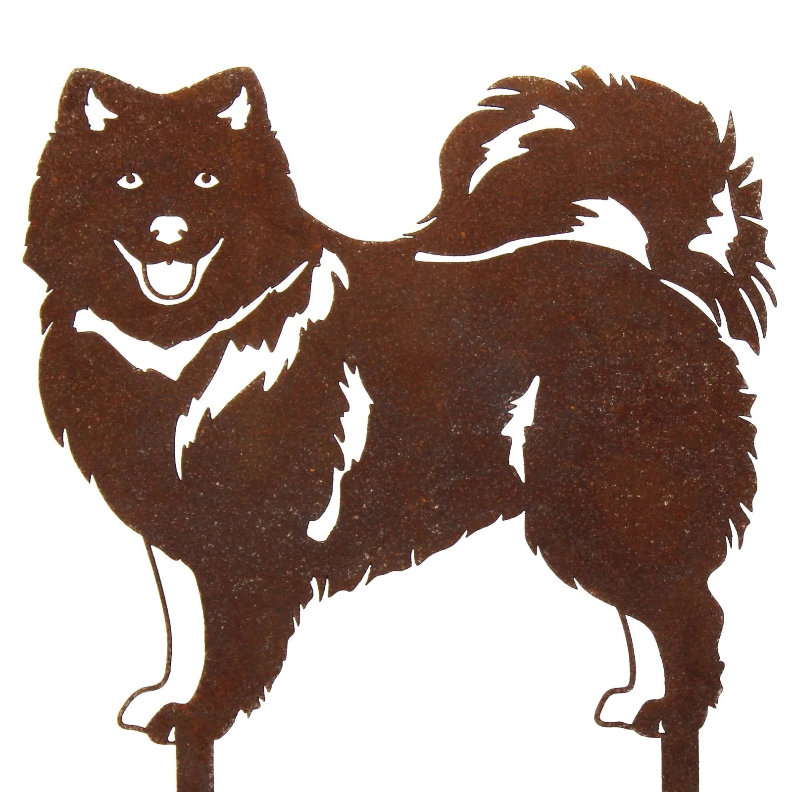 Handmade rusty Corten steel silhouette of a Japanese Spitz dog, featuring a playful expression and detailed fur design.