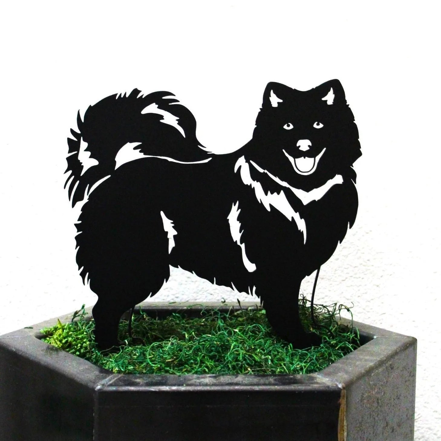 Black Japanese Spitz metal silhouette, handmade from 11 gauge steel, displayed in a planter with green moss.