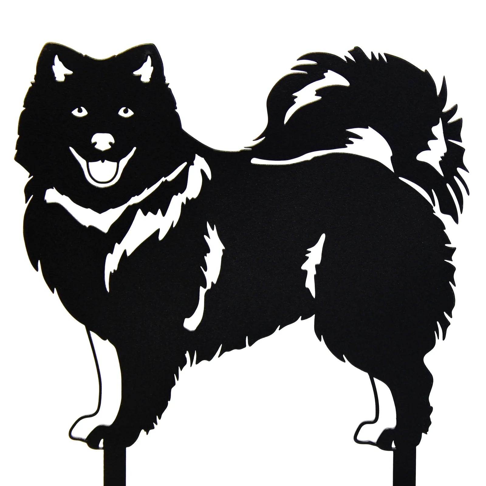 Black Keeshond silhouette made of metal with detailed fur and smile, ideal for garden or yard decor.