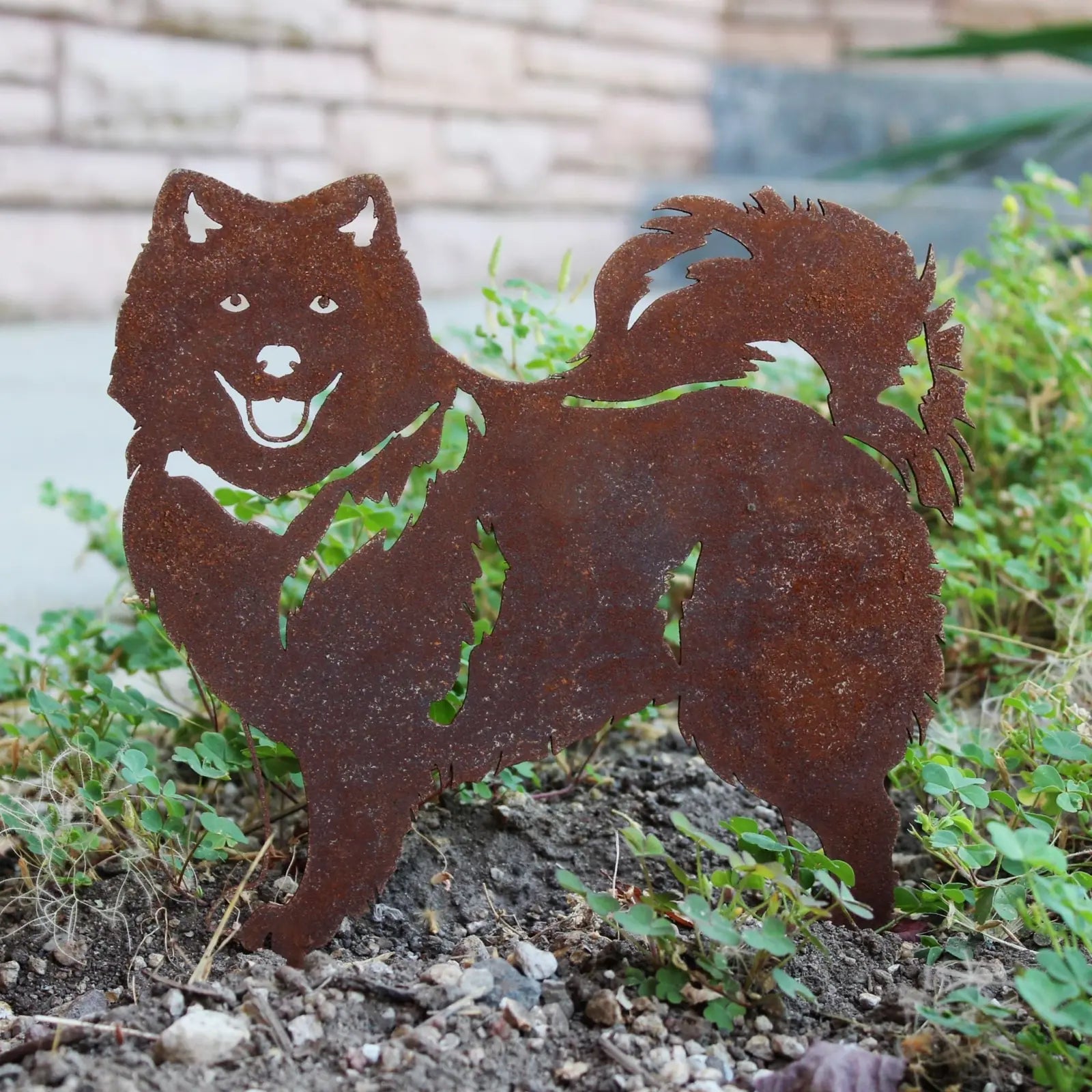 Rusty Keeshond metal silhouette garden art, showcasing intricate cut-out details and a natural weathered patina.