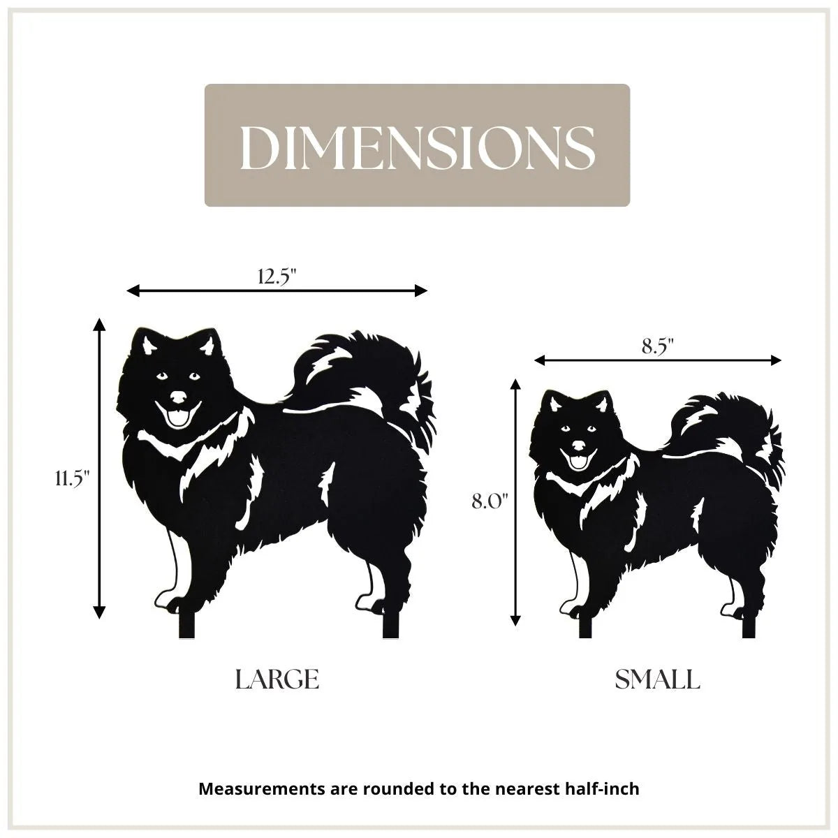 Keeshond metal silhouettes in black, detailing size variations for large (11.5") and small (8.0") options.