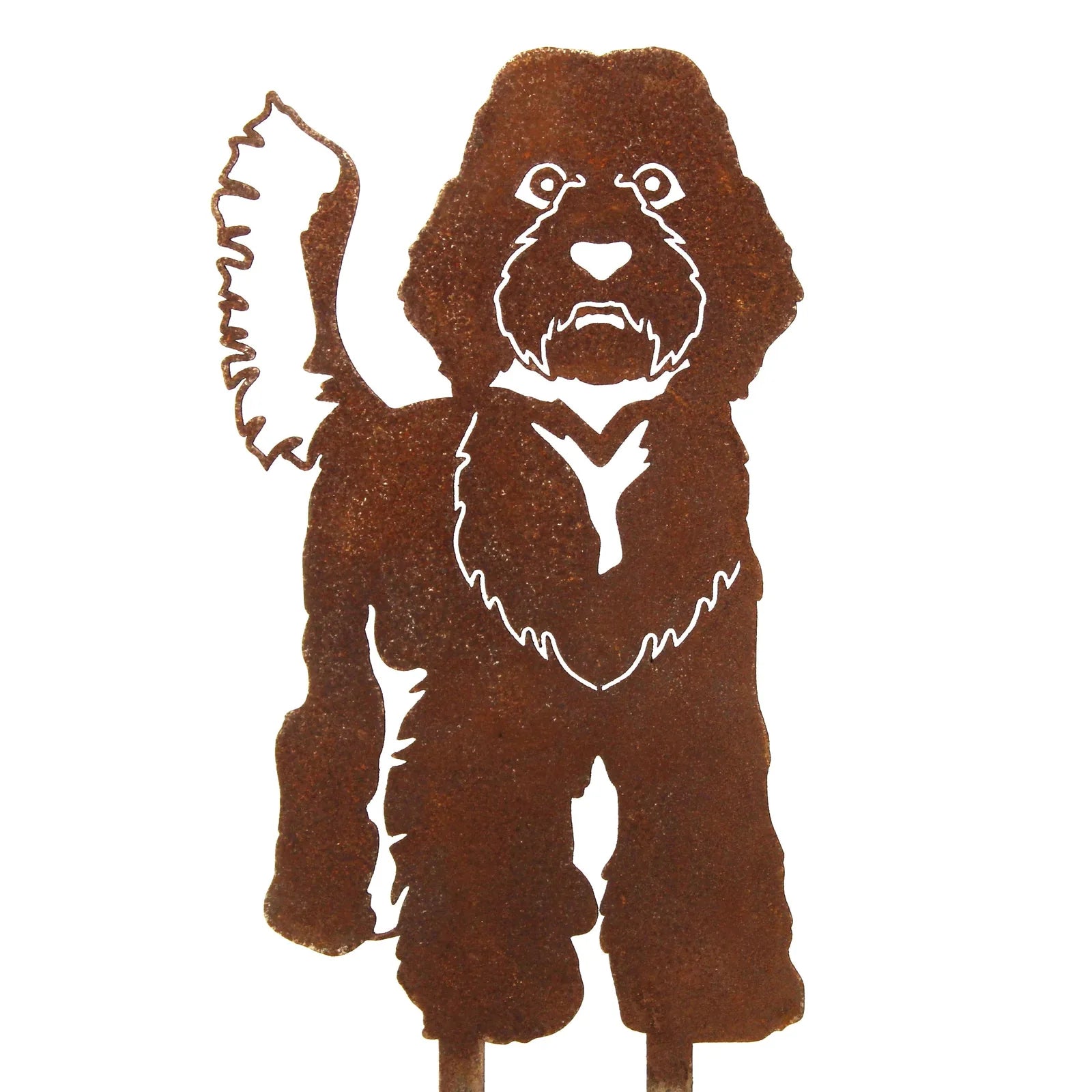 Rusty Corten steel silhouette of a Labradoodle, showcasing intricate details of fur and stance for outdoor decoration.