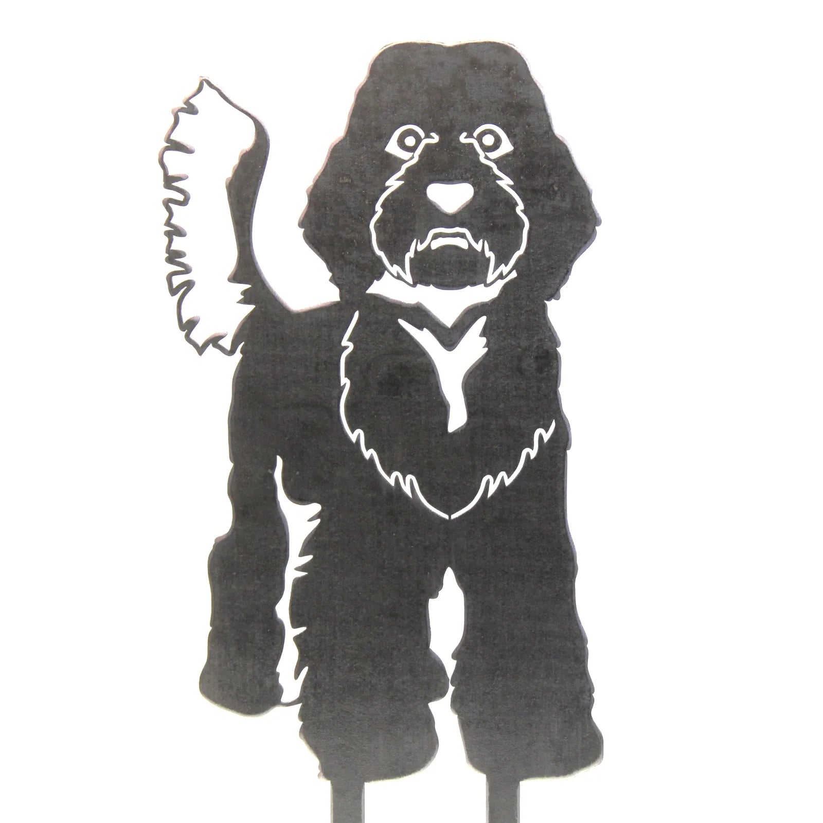Black metal silhouette of a Labradoodle with detailed features and two stakes for outdoor display.
