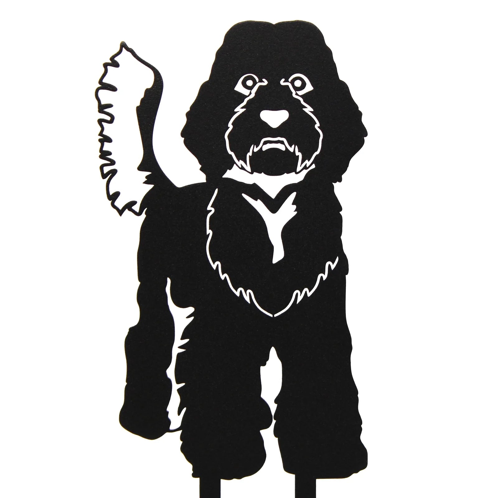 Black metal silhouette of a Labradoodle standing, showcasing intricate details in the fur and facial features.