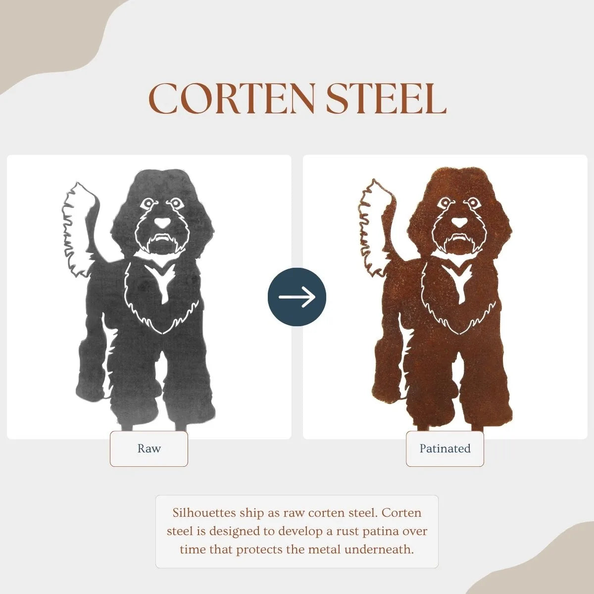 Labradoodle metal silhouette showing raw corten steel on the left and a rust patina finish on the right.