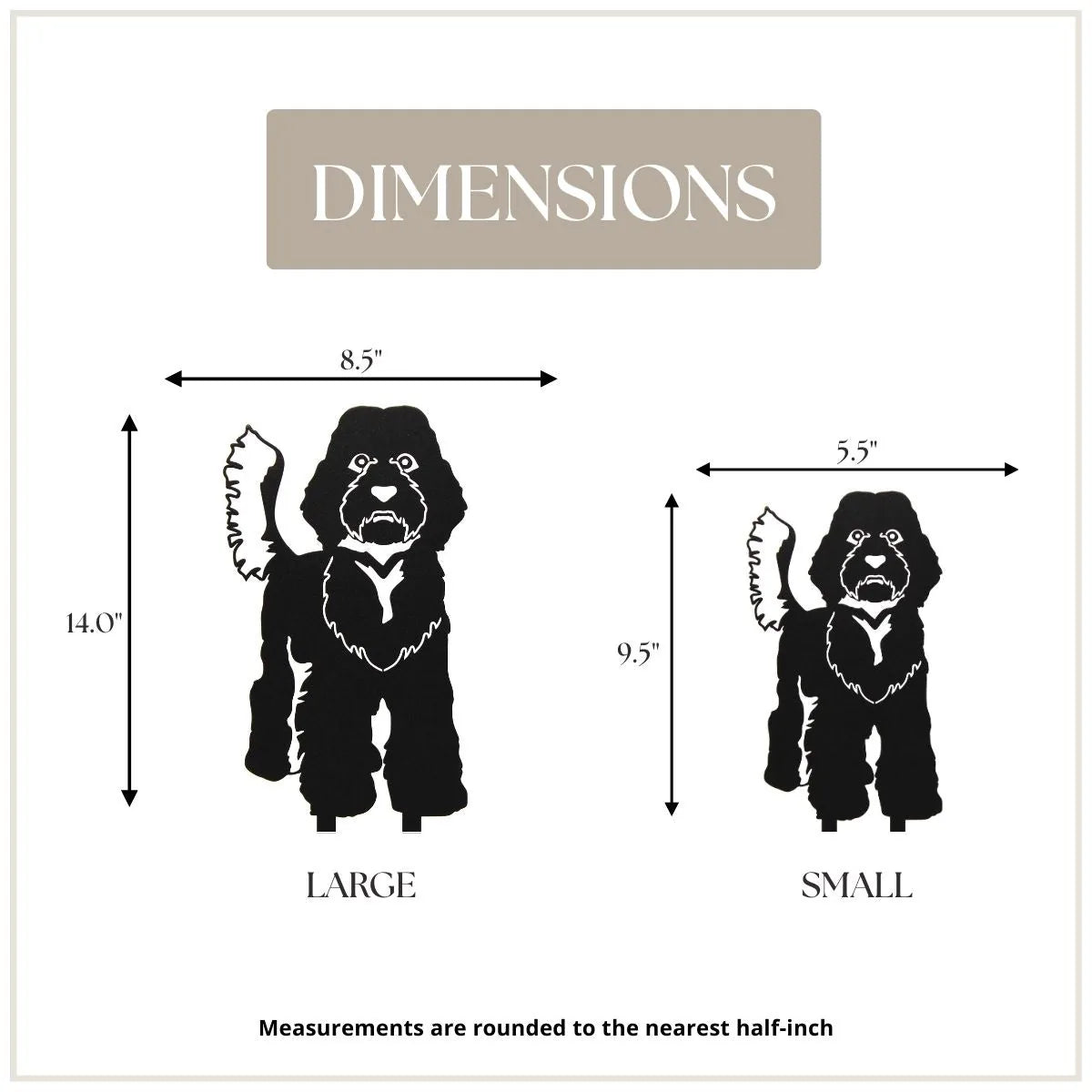 Black Labradoodle metal silhouette dimensions, showing large and small sizes with height and width measurements for garden...