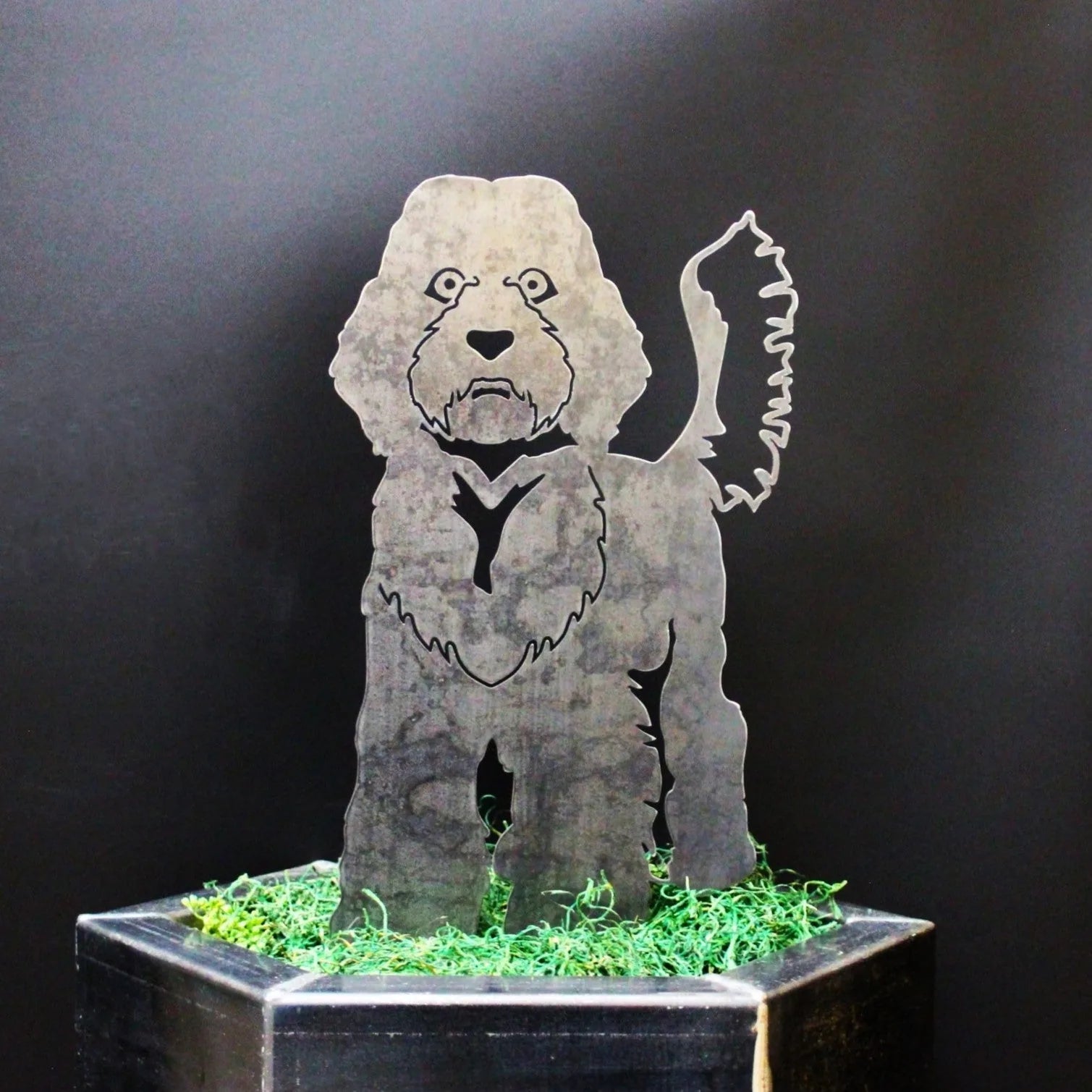 Labradoodle metal silhouette in Corten steel with rustic edges, displayed atop green moss in a decorative planter.