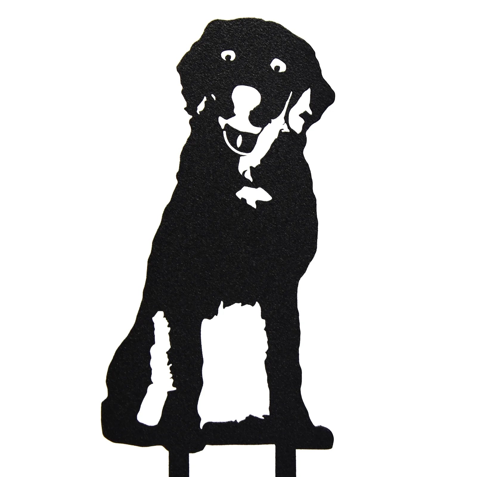 Black metal silhouette of a smiling Labrador Retriever, ideal for indoor or outdoor dog décor.