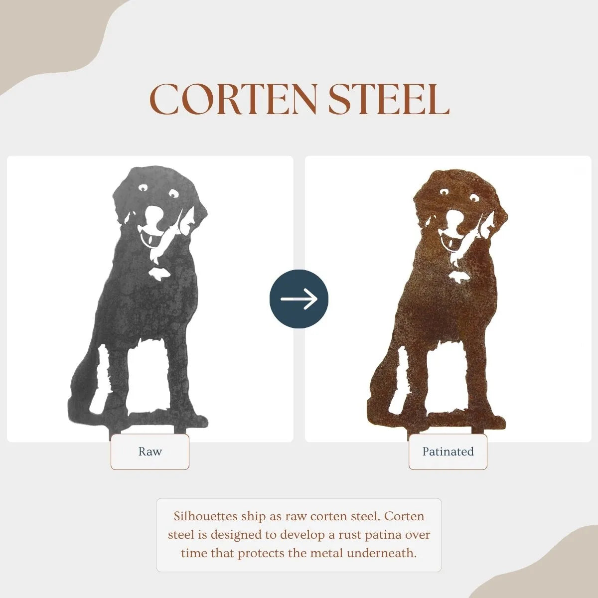 Labrador Retriever metal art silhouette displayed in raw corten steel, transitioning to a rustic patinated finish.