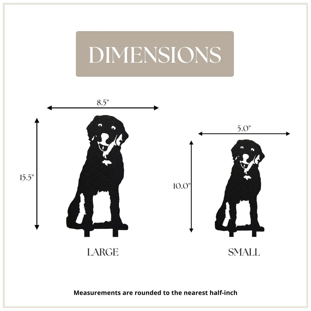 Black Labrador Retriever metal silhouette art with dimensions, designed for indoor or outdoor décor in large and small sizes.