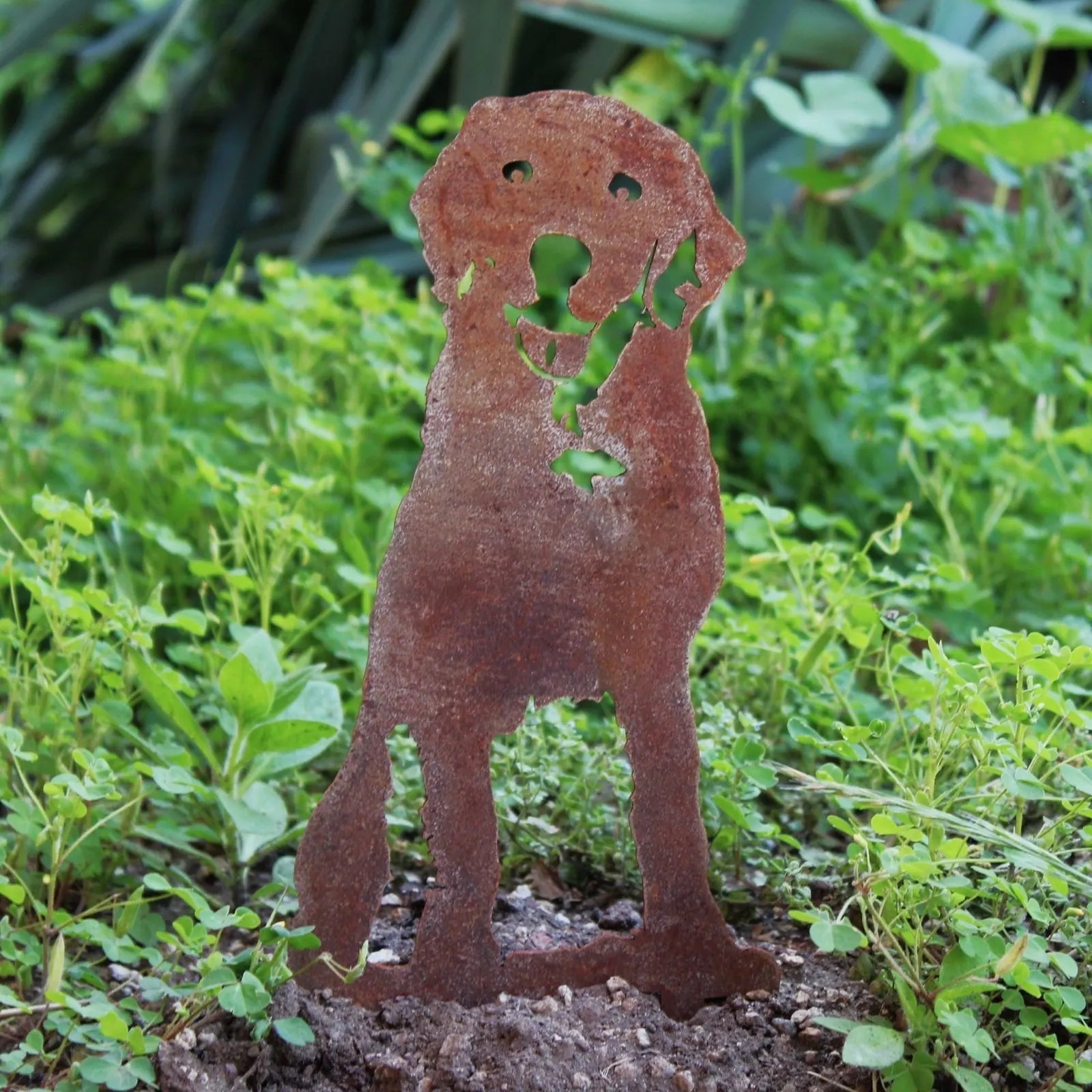 Handcrafted metal silhouette of a Labrador Retriever in rust patina, set against a green garden backdrop.