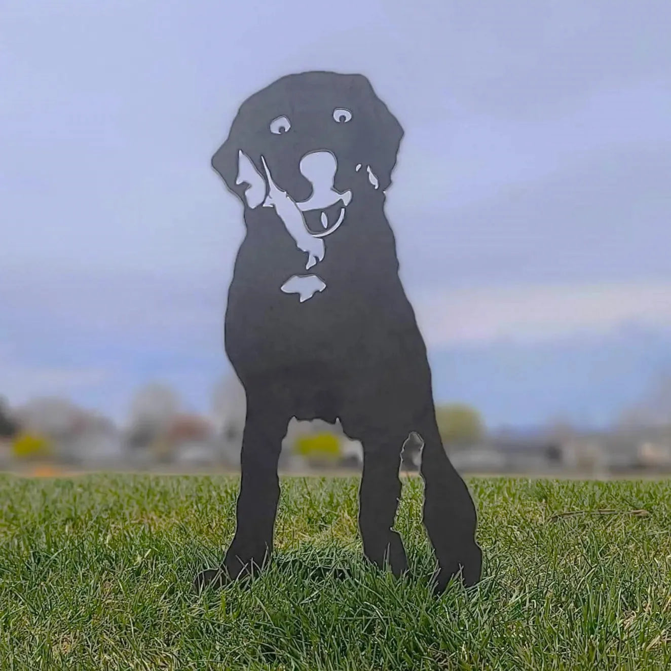 Handcrafted black metal silhouette of a Labrador Retriever standing on green grass, perfect for outdoor dog décor.