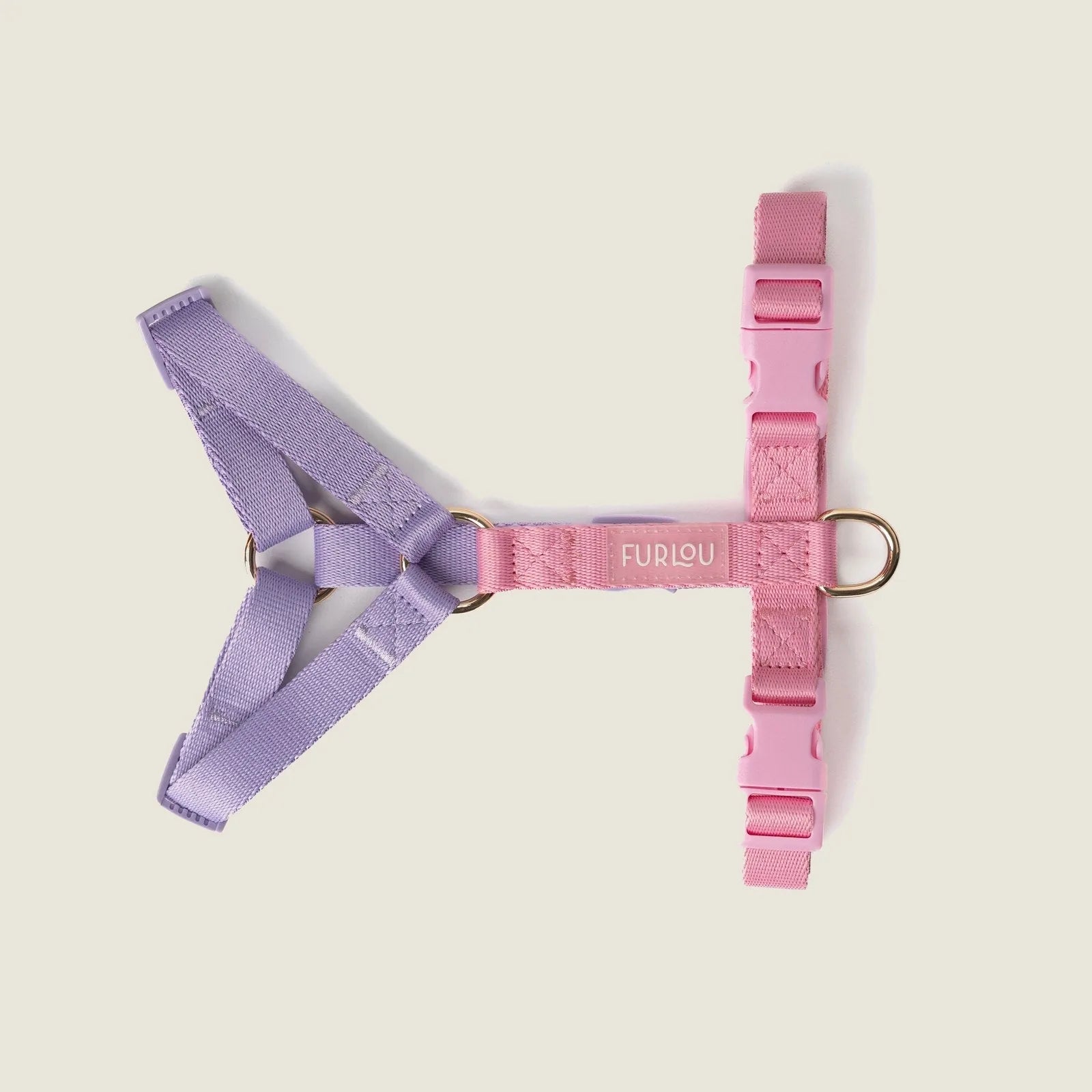 Lavender and pink adjustable dog harness by FURLOU, featuring gold hardware and comfortable, lightweight design.