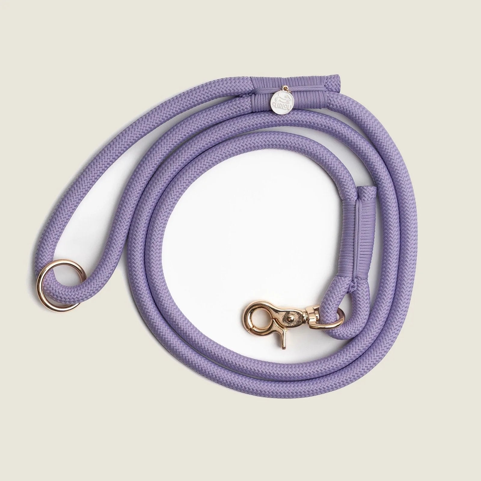 Lavender braided rope leash with gold clip and O-ring, perfect for stylish and comfortable dog walks.