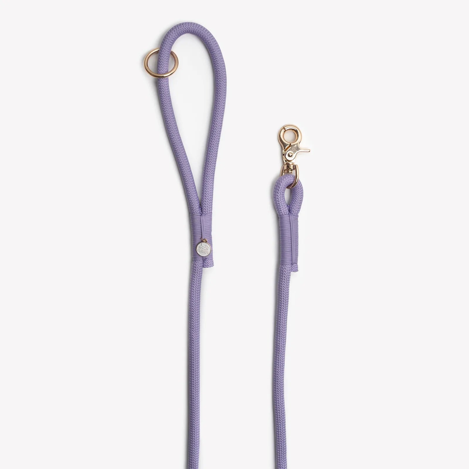 Lavender braided rope leash with gold hardware and O-ring for accessory attachment, designed for comfort and durability.