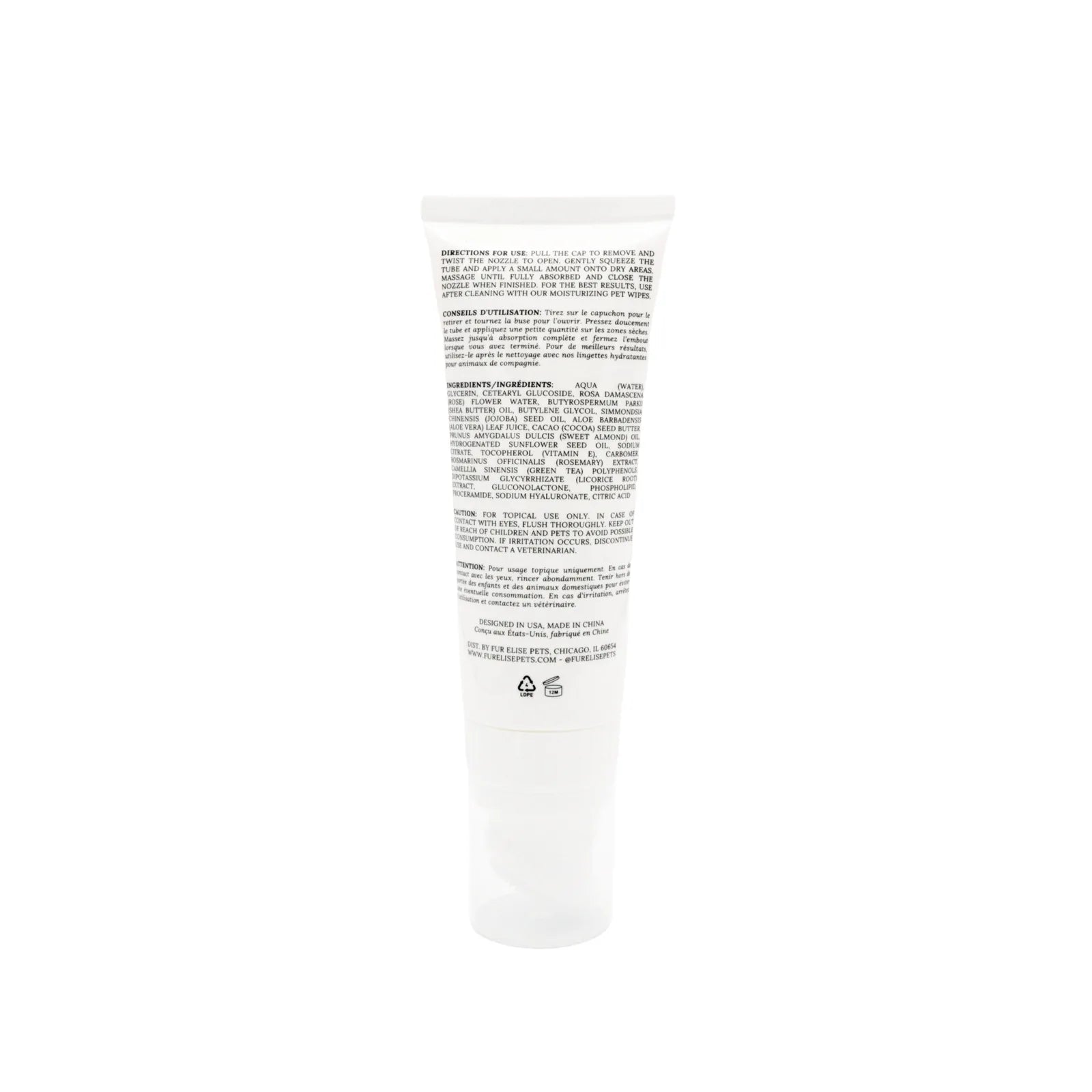 Nourishing white paw cream tube with a flip cap, displaying ingredient details on the back for pet care.