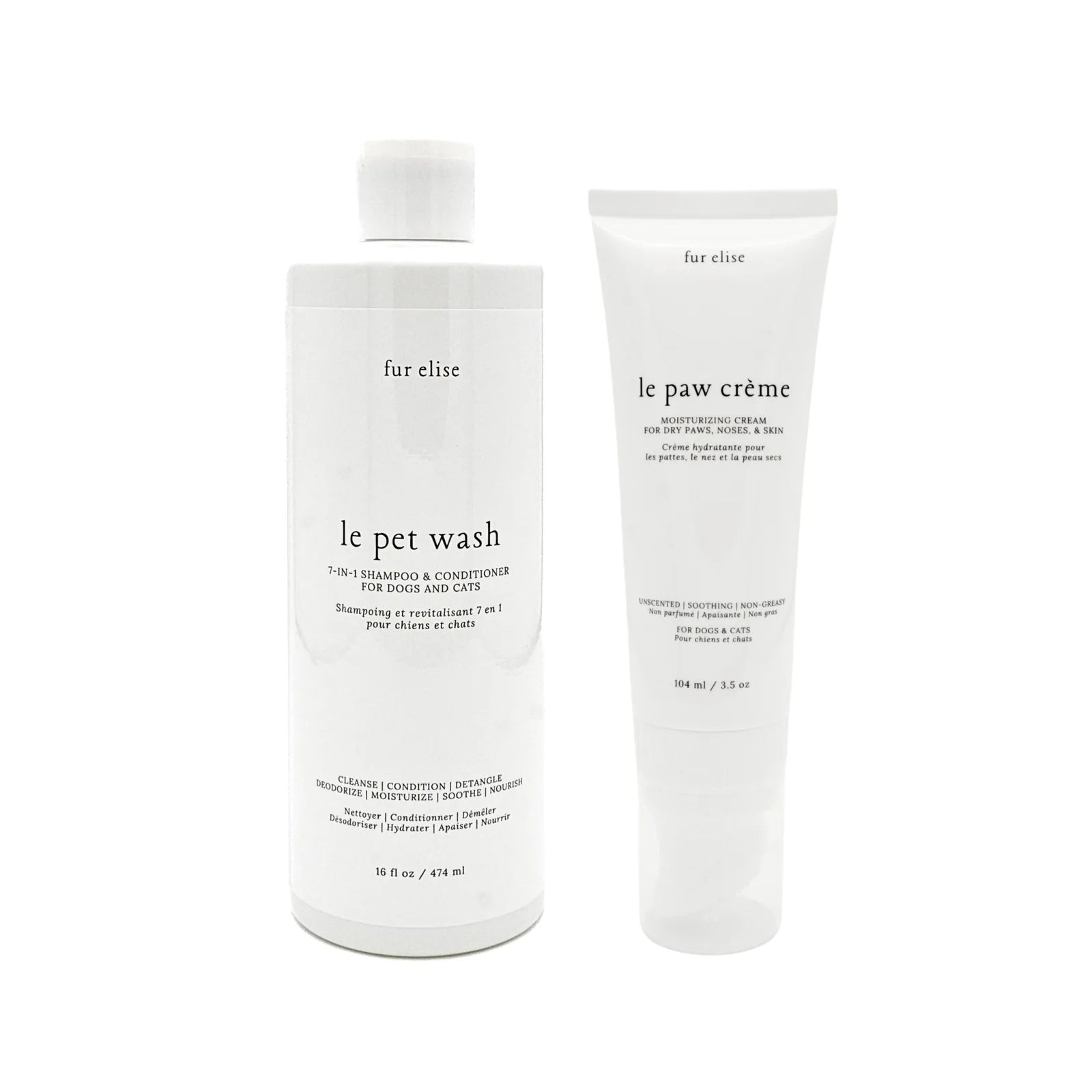 Le Pawsh Set featuring Le Pet Wash shampoo and Le Paw Cream, both in sleek white packaging, ideal for pet grooming.