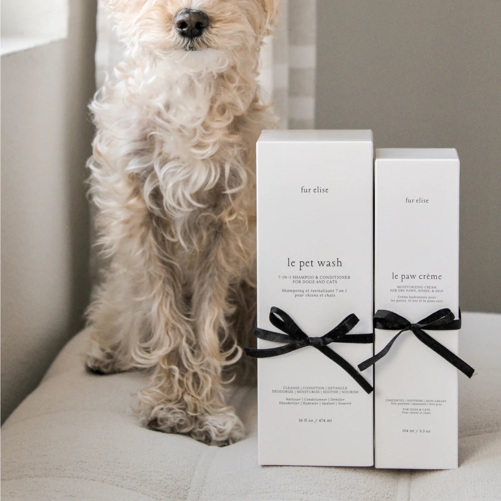 A fluffy, light-colored dog sits beside Le Pet Wash and Le Paw Crème, both elegantly packaged in white with black ribbons.