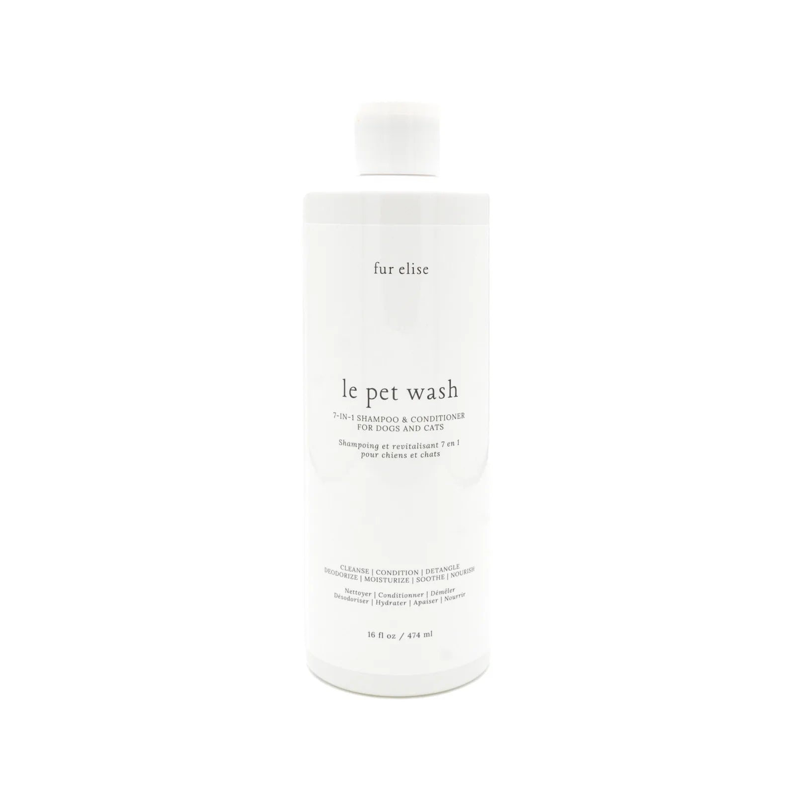 Gentle, plant-powered pet wash bottle in white, featuring "le pet wash" label for dogs and cats, 16 fl oz size.