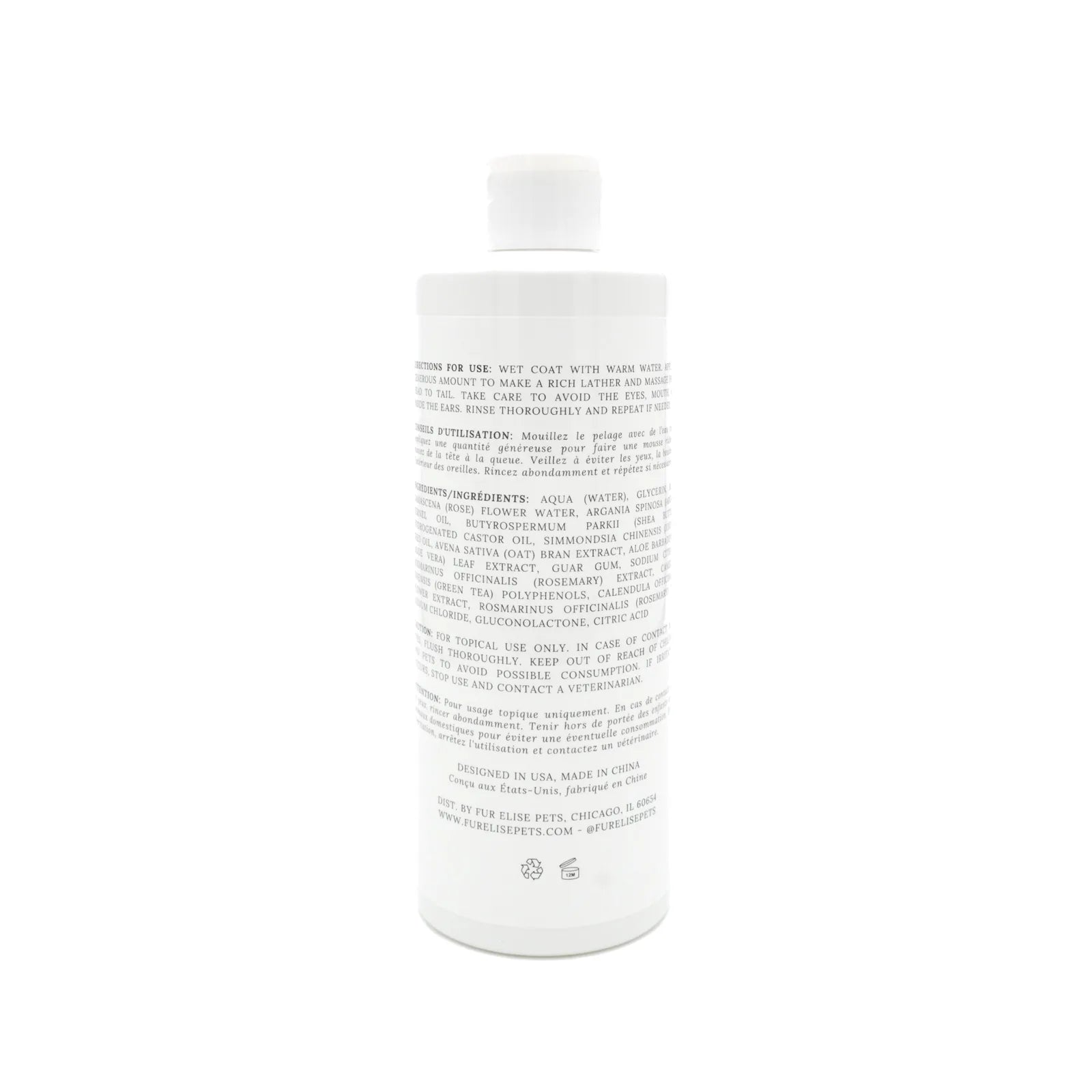White bottle of Le Pet Wash by Elise Galleria with detailed label, designed for gentle pet grooming.