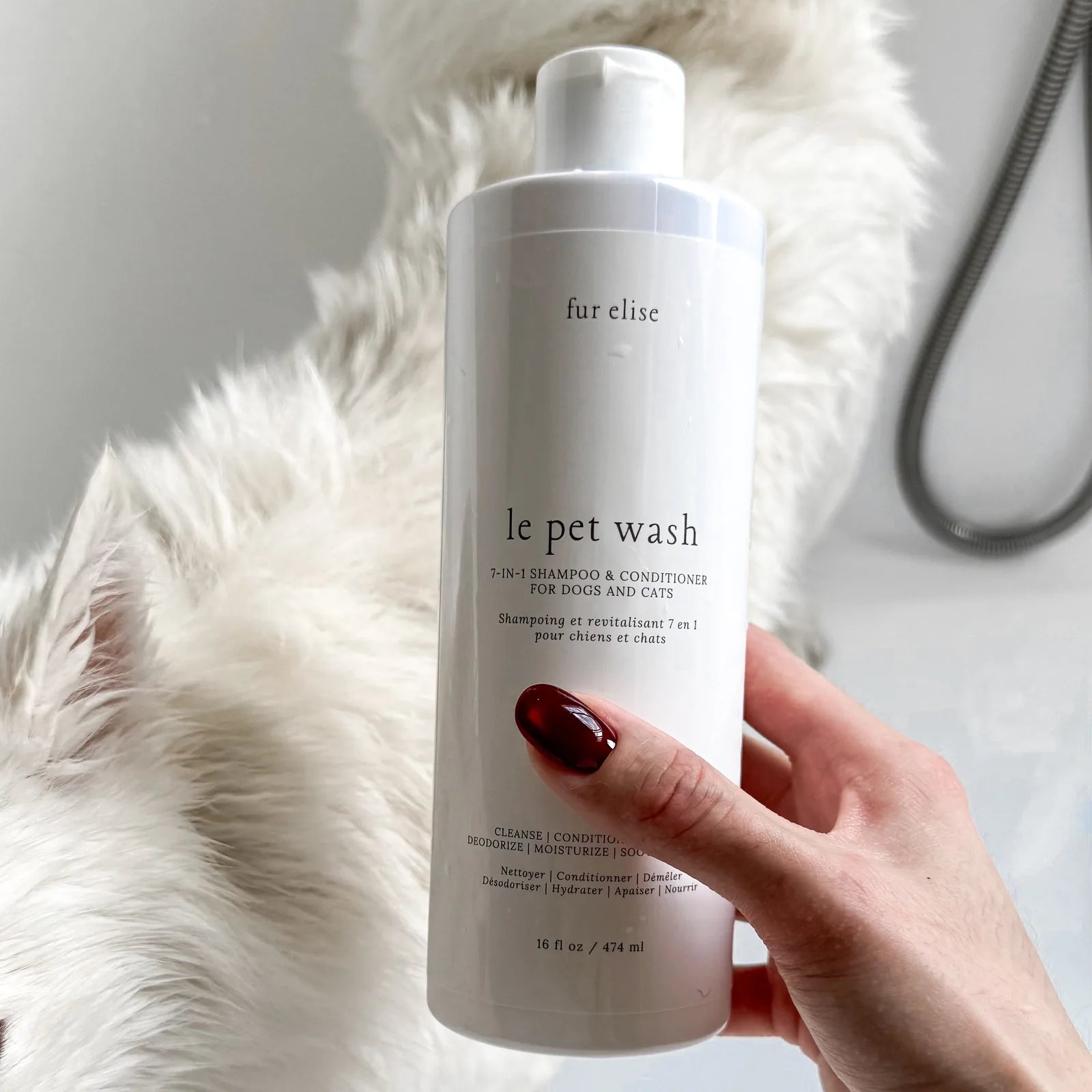 Sleek white bottle of Le Pet Wash held against a soft, light furry background, showcasing its gentle pet shampoo design.