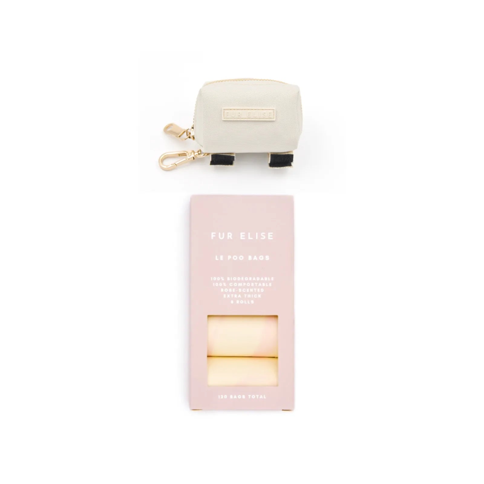 Biodegradable Le Poo Bags in pink packaging beside a beige Le Poo Pouch with gold hardware and black base.